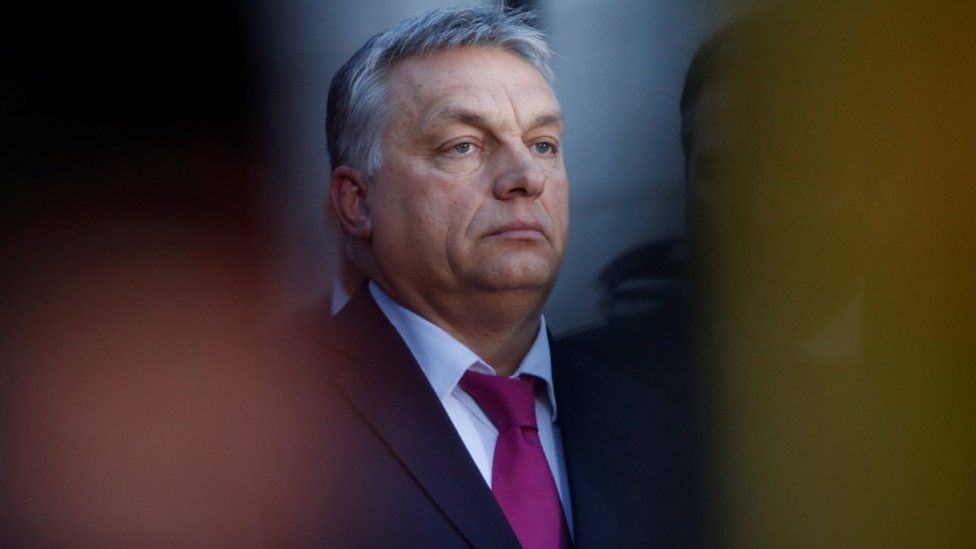 Hungarian Prime Minister Victor Orban is seen during a statement after a CSU party meeting at "Kloster Seeon" in Seeon