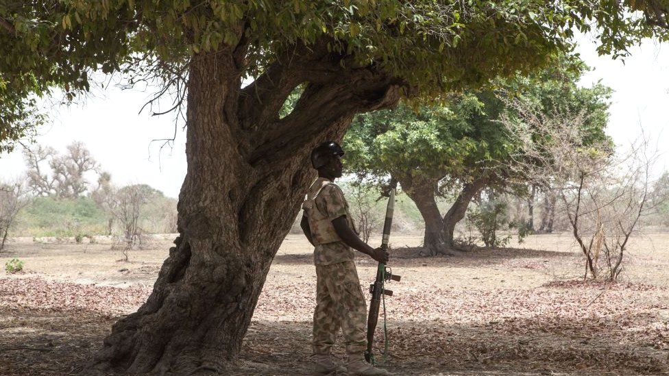 A soldier, with a rocket propelled grenade (RPG), stands guard under a tree in Borno, Nigeria - 2017