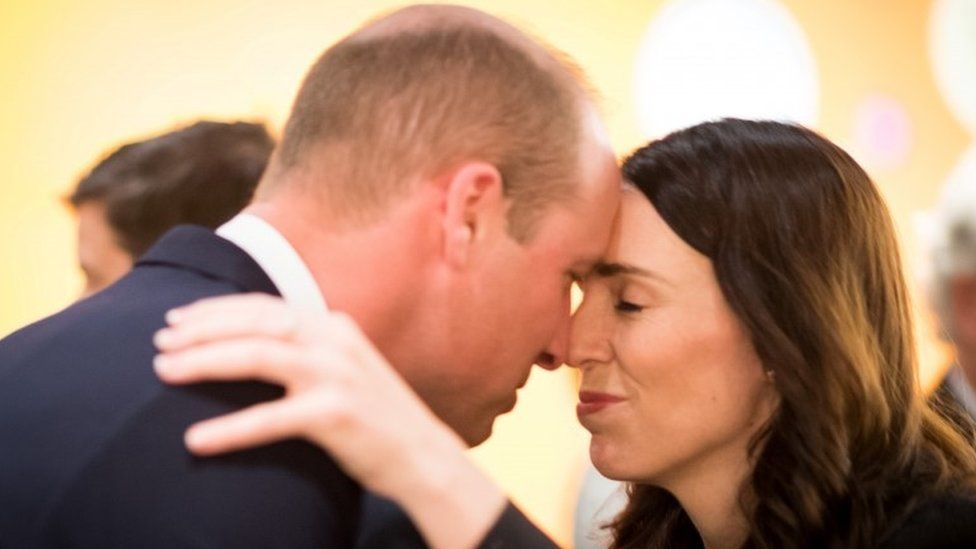 Prince William greeted the New Zealand Prime Minister, Jacinda Arden, with a traditional Maori greeting called the Hongi