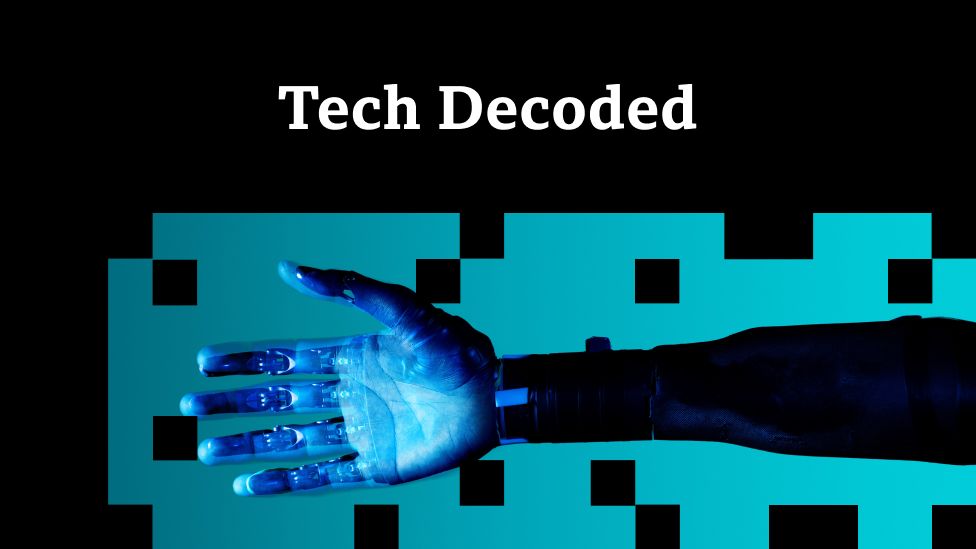 An Android's arm reaches out in an image being slowly decoded pixel-by-pixel, with the brand name "Tech Decoded" superimposed
