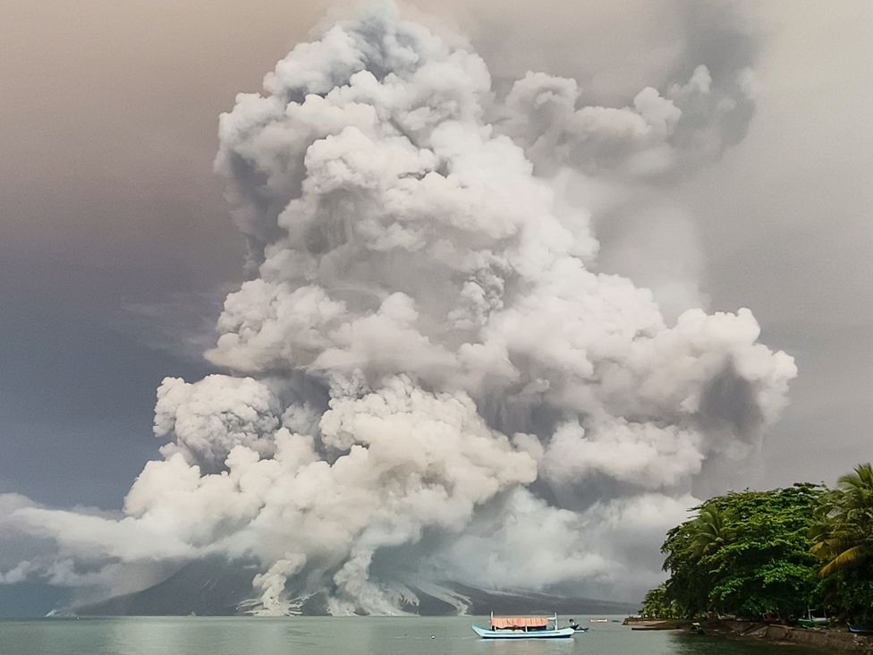 An eruption from Mount Ruang volcano is seen from Tagulandang island in Sitaro, North Sulawesi, on April 30, 2024.