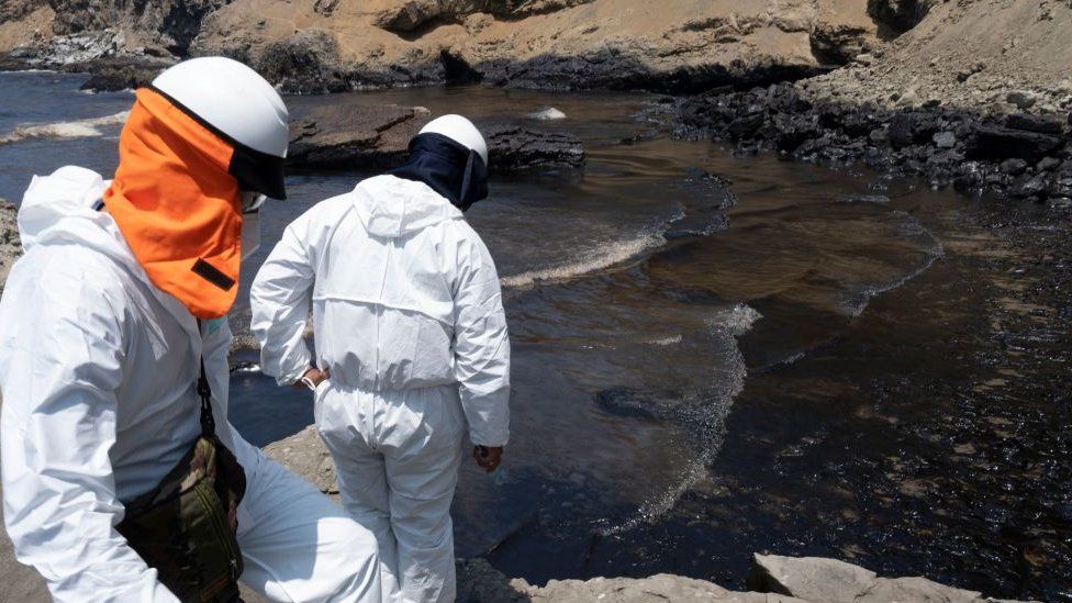 Cleaning crews overlook a Peruvian beach covered in oil