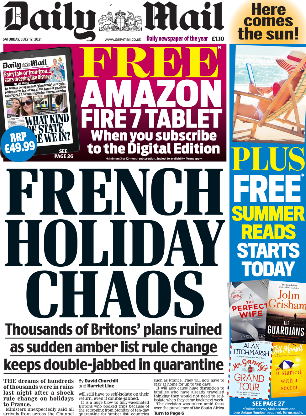 The Daily Mail front page 17 July 2021