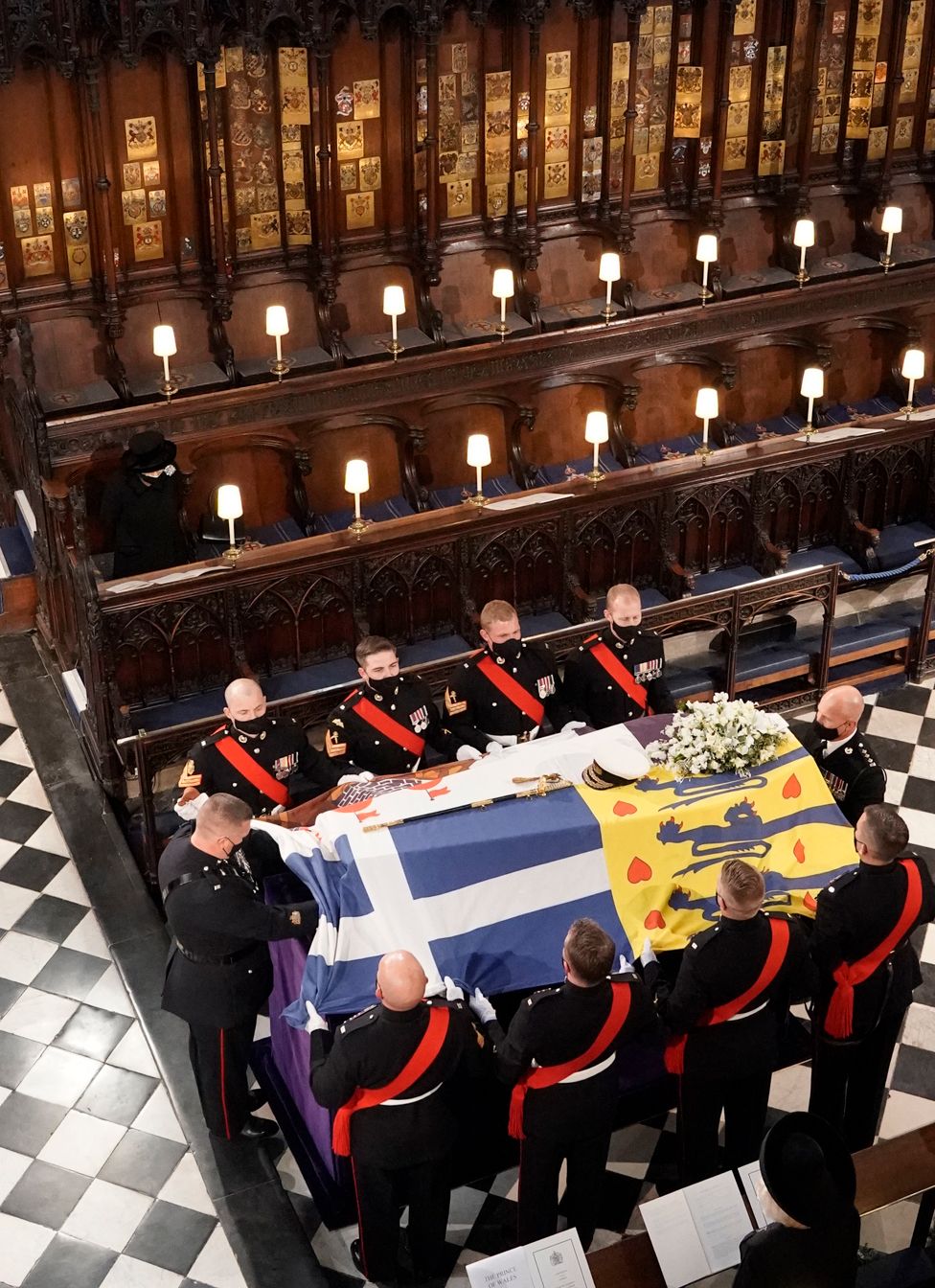 The coffin is carried into St George's Chapel during the funeral of Britain's Prince Philip, who died at the age of 99, at Windsor Castle, Britain, April 17, 2021.