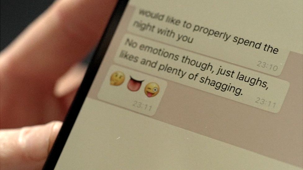 Text reads: "No emotions though, just laughs, likes and plenty of shagging"