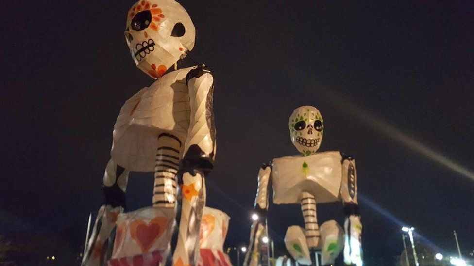 Skeletal figures at the Londonderry Halloween carnival parade