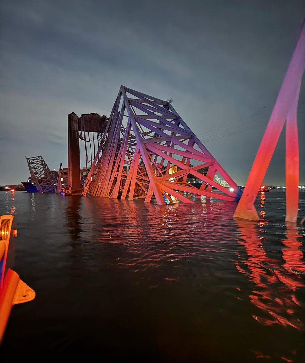 A view of the collapsed Francis Scott Key Bridge in Baltimore, Maryland, US, on 26 March 2024