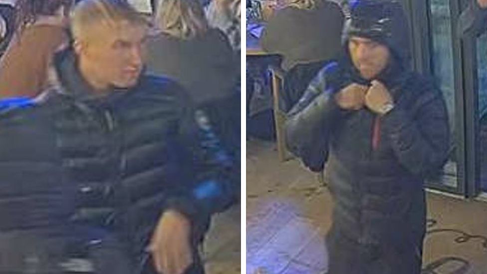 CCTV images of two people wearing black jackets, one with hood up