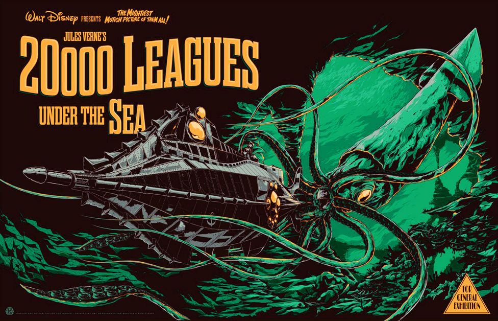Film poster for 1954 version of 20,000 Leagues Under The Sea (starring Kirk Douglas)