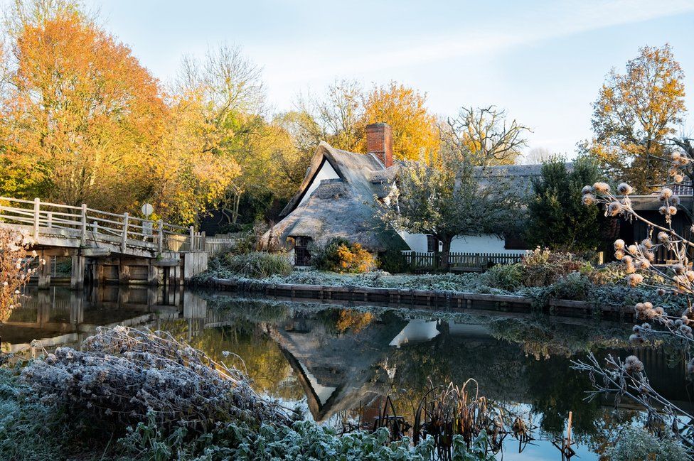 A cottage and gardens covered in ice