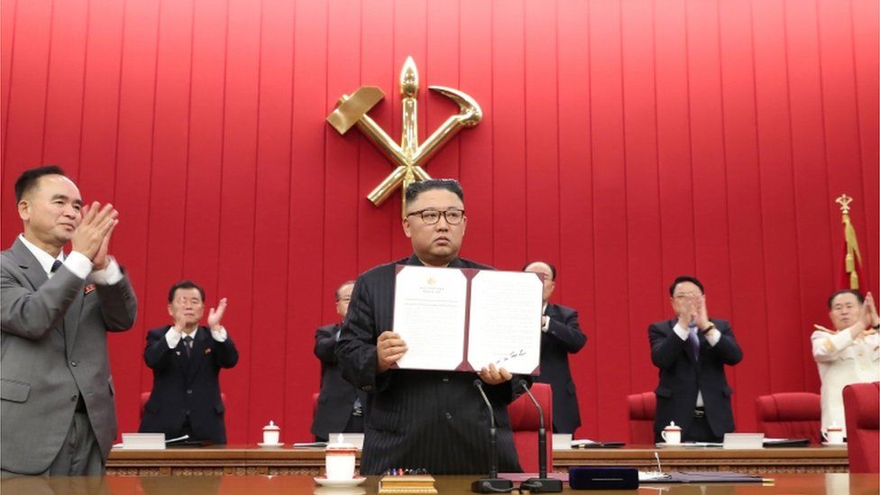 A photo released by the official North Korean Central News Agency (KCNA) released on 18 June 2021 shows North Korean Supreme Leader Kim Jong-un attending the third day sitting of the 3rd Plenary Meeting of the 8th Central Committee of the Workers" Party of Korea (WPK) in Pyongyang, North Korea