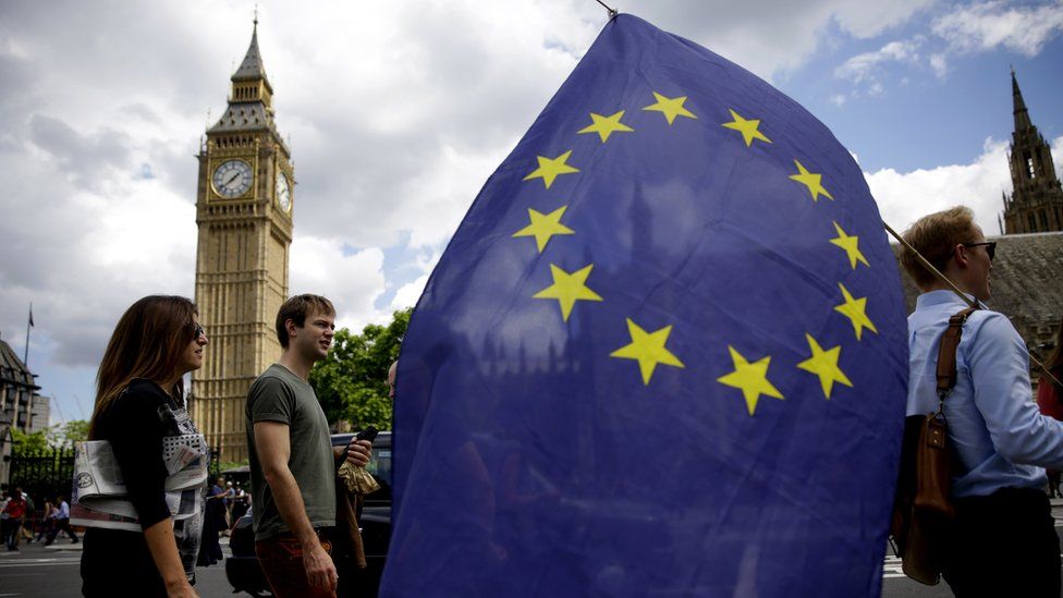 Man holding an EU flag in Westminster