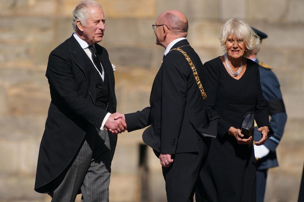 King Charles and the Queen Consort with Edinburgh's Lord Provost, Robert Aldridge, at the Palace of Holyroodhouse