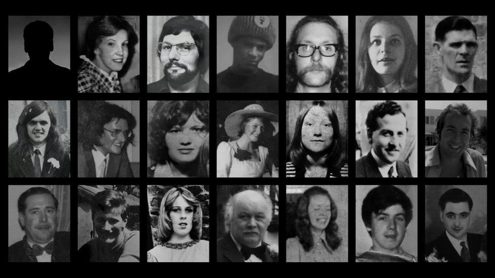 Victims (top row left to right) Neil Marsh (silhouette), Lynn (Lyn) Bennett, Trevor Thrupp, Paul Davies, Michael Beasley, Marilyn Nash and Charles Gray (second row, left to right) Desmond Reilly, Stephen Whalley, Pamela Palmer, Maxine Hambleton, Jane Davis, James Caddick and Thomas Chaytor (third row, left to right) John Clifford Jones, James Craig, Ann Hayes, Stanley Bodman, Maureen Roberts, Eugene Reilly and John Rowlands