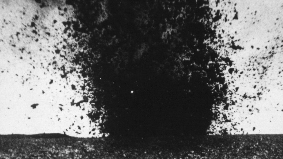 A shell bursts at the Somme in 1916