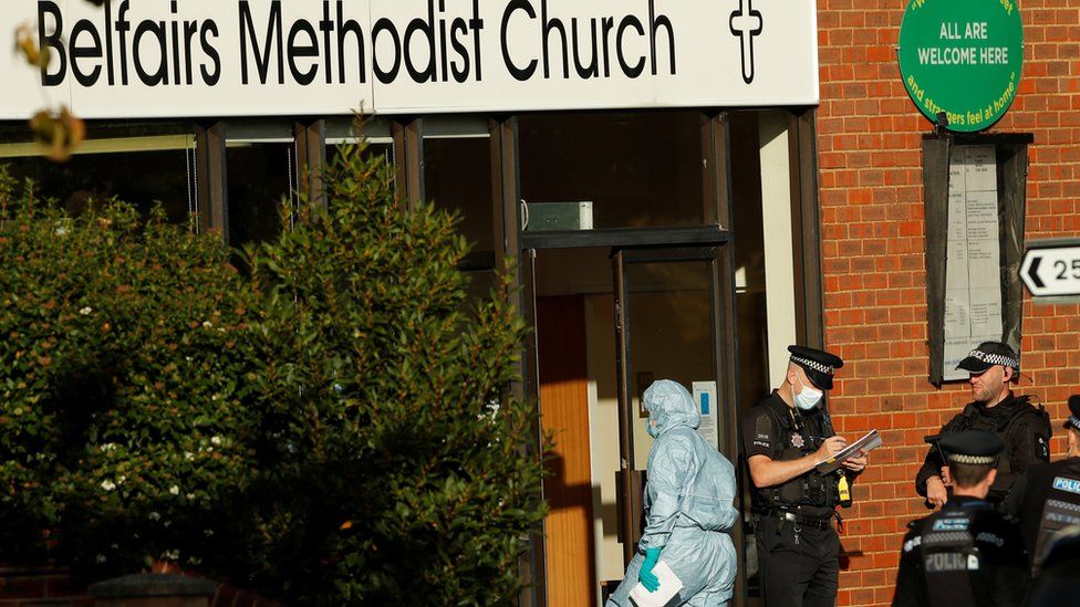 Police and forensics officers outside Belfairs Methodist Church