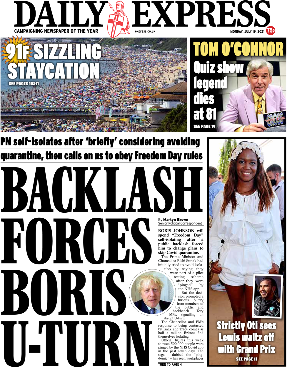 The Daily Express front page 19 July 2021