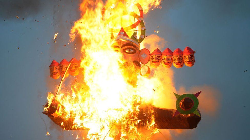 The effigy of the demon king Ravana, without firecrackers, burns on the occasion of the Dussehra Festival at the end of the Navratri (Nine nights) Festival, on October 15, 2021 in Chandigarh, India.