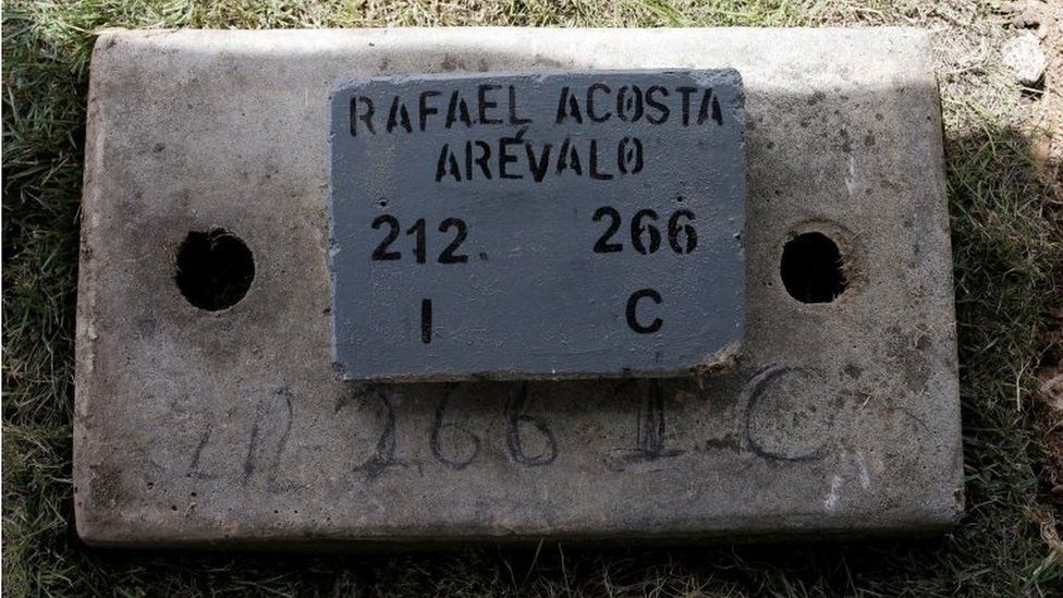 The name of Rafael Acosta Arevalo, a navy captain who died while in detention according to his family, is seen at his grave after a burial at a cemetery in Caracas, Venezuela July 10, 2019.