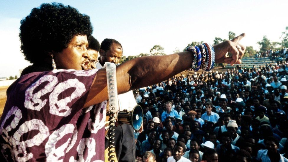 A picture taken on April 13, 1986 shows Winnie Madikizela-Mandela, then-wife of South African president Nelson Mandela, addressing a meeting in Kagiso township.