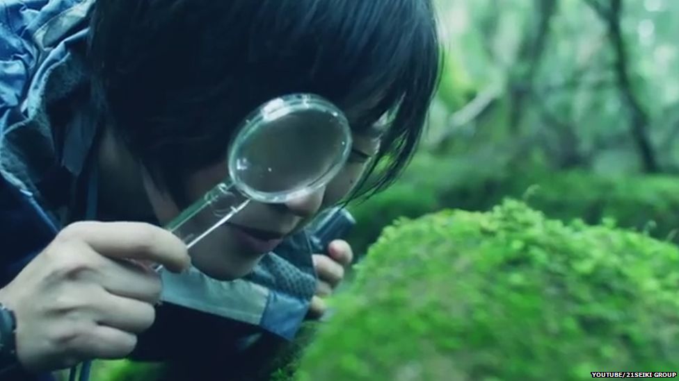 A Japanese woman examining moss with a magnifying glass