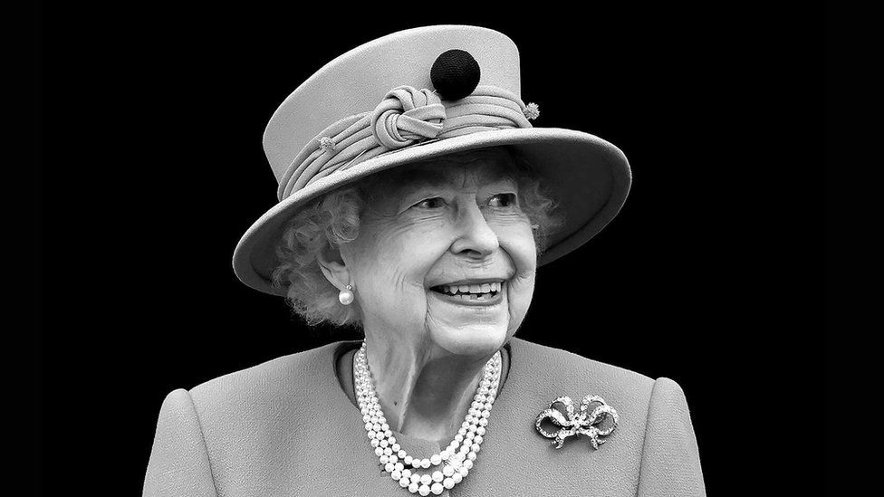 Black and white image of the Queen