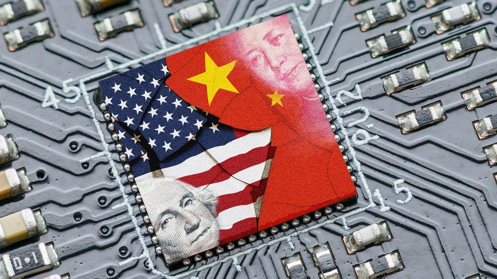 Flag of the US and China connected  a microchip.