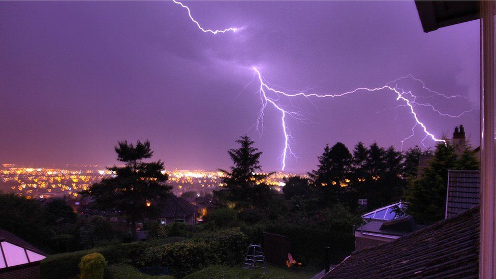 Lightning strike across South Gyle area as seen from Corstorphine Hill