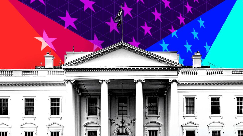 Picture of the White House with a US flag graphic
