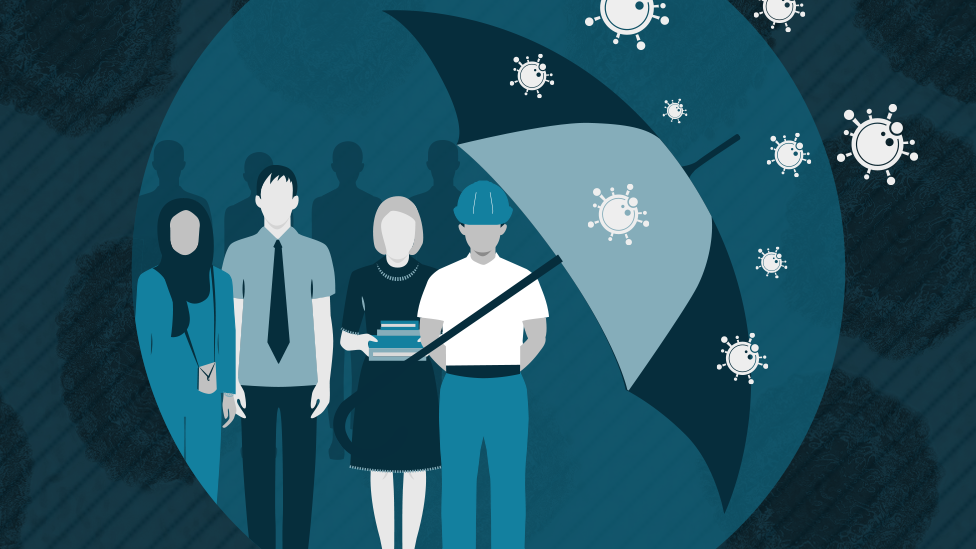 Graphic of workers being sheltered from coronavirus by an umbrella