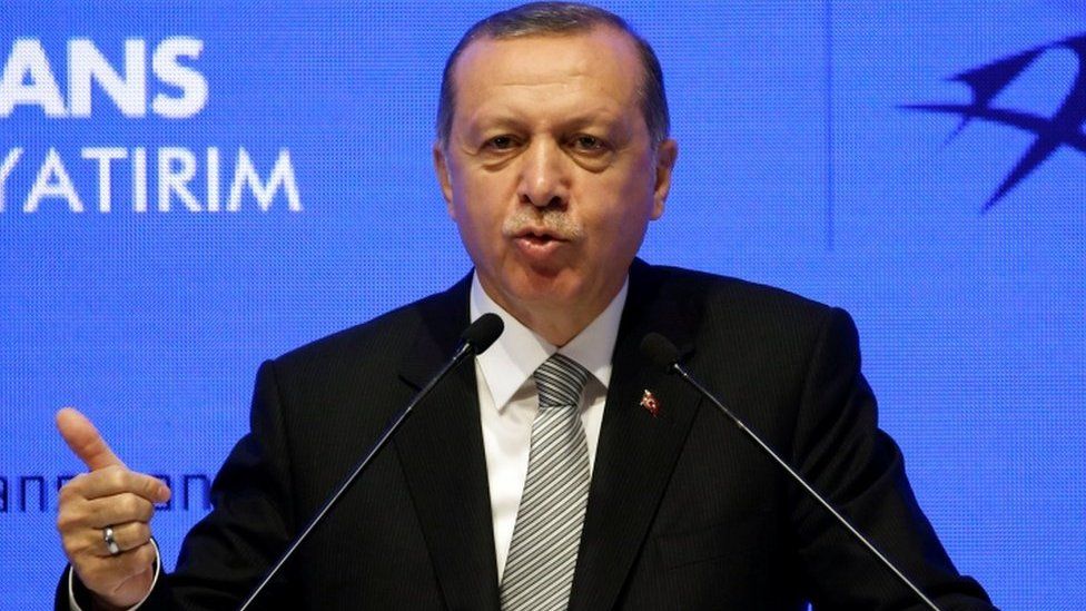 Turkish President Tayyip Erdogan speaks during a ceremony in Istanbul, Turkey, on 21 July, 2017.