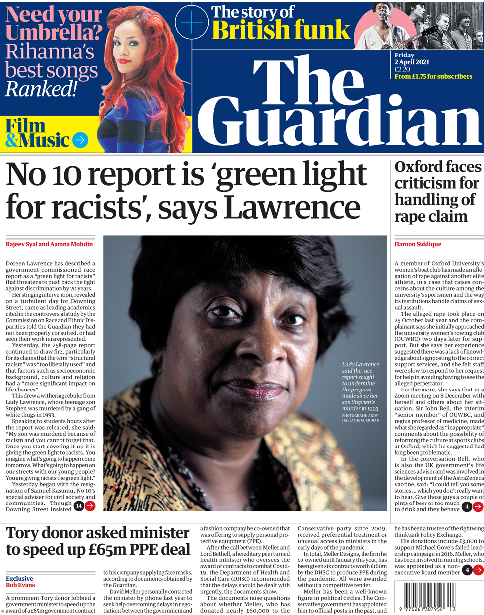 The Guardian front page 2 April 2021