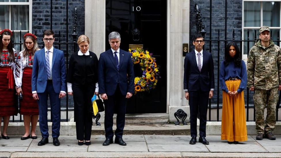 Rishi Sunak was joined for a minute's silence by his wife Akshata Murthy, Ukrainian Ambassador to UK Vadym Prystaiko and his wife Inna Prystaiko