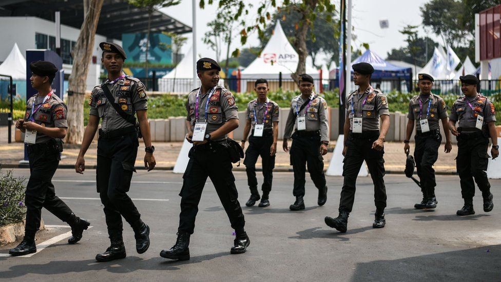 Indonesian police patrol a venue ahead of the 2018 Asian Games in Jakarta, 17 August 2018