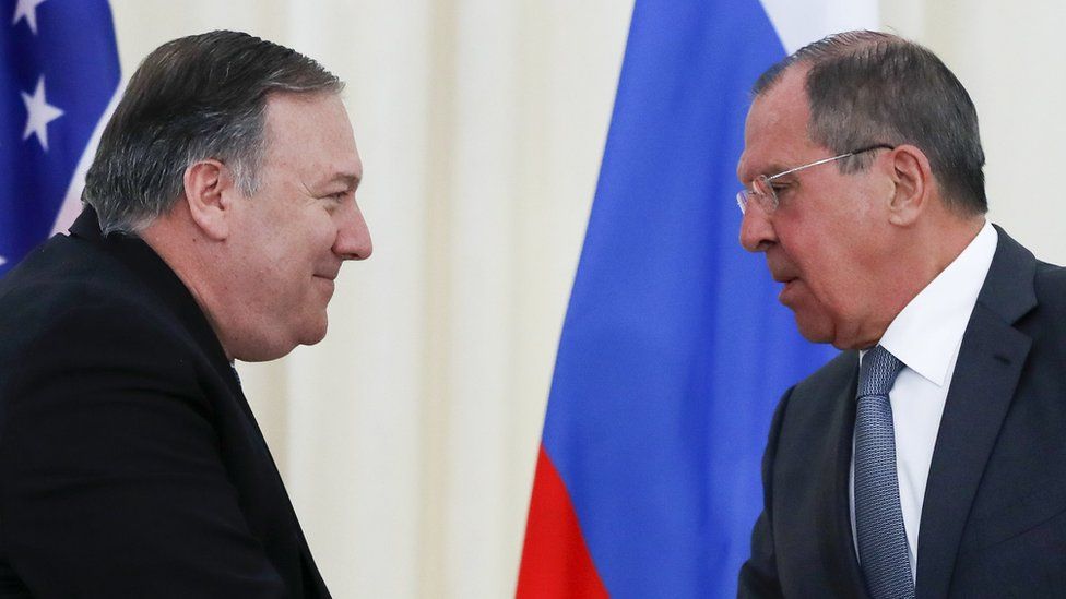 US Secretary of State Mike Pompeo and Russian Foreign Minister Sergei Lavrov shake hands