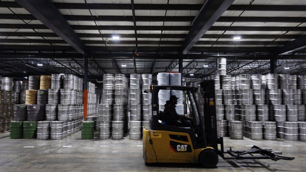 Unpasteurized maple syrup is stored at The Quebec Maple Syrup Producers (QMSP) Strategic Maple Syrup Reserve warehouse in Laurierville, Quebec, Canada, on Thursday, Feb. 23, 2023.