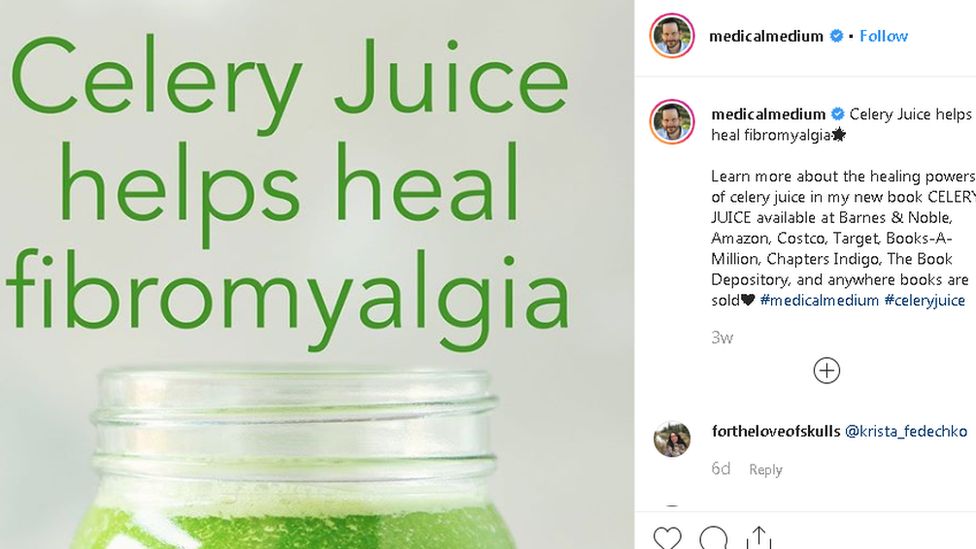 Medical Medium Instagram post saying 'celery juice helps heal fibromyalgia.'