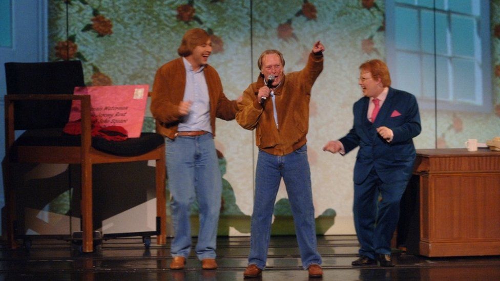 David Walliams (left), Dennis Waterman and Matt Lucas (right) in a special Comic Relief performance of the Little Britain stage show at the Hammersmith Apollo in west London