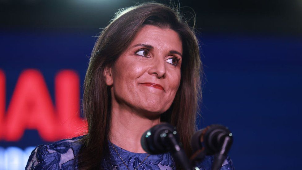 Republican presidential candidate former UN Ambassador Nikki Haley delivers remarks at her primary night rally at the Grappone Conference Center on January 23, 2024 in Concord, New Hampshire