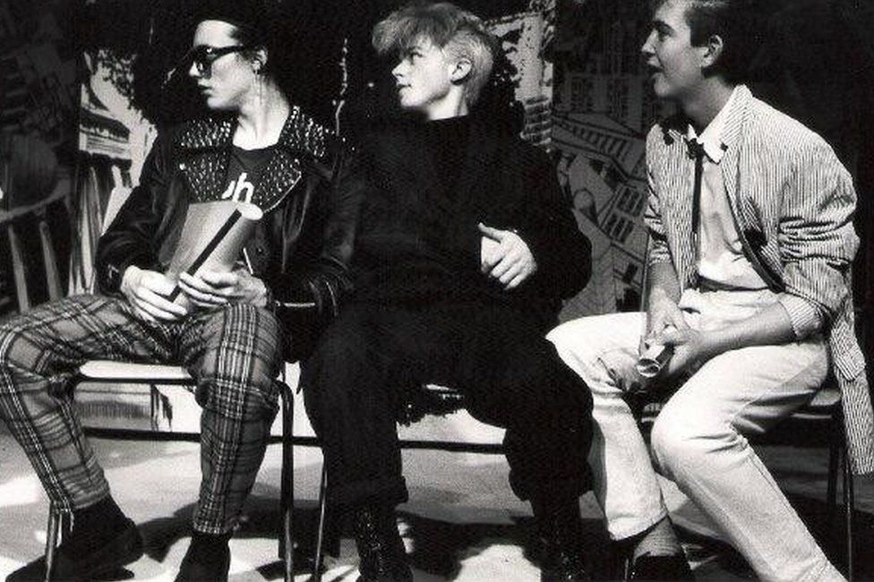 Neil (far right), with Dylan Brown and Martyn Jowett in 1987 as part of the Cumbria Youth Theatre in The Dream (A Midsummer Night's Dream)' directed by Lawrence Boswell