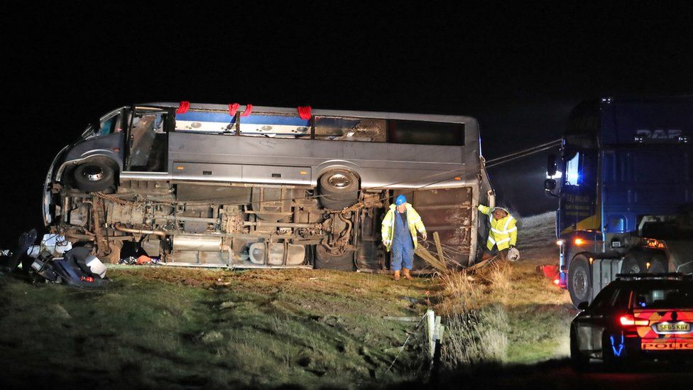 The upturned minibus in a field in the Scottish borders