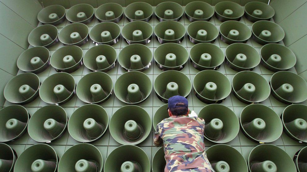 A wall of South Korean loudspeakers, for broadcasting propaganda across the border