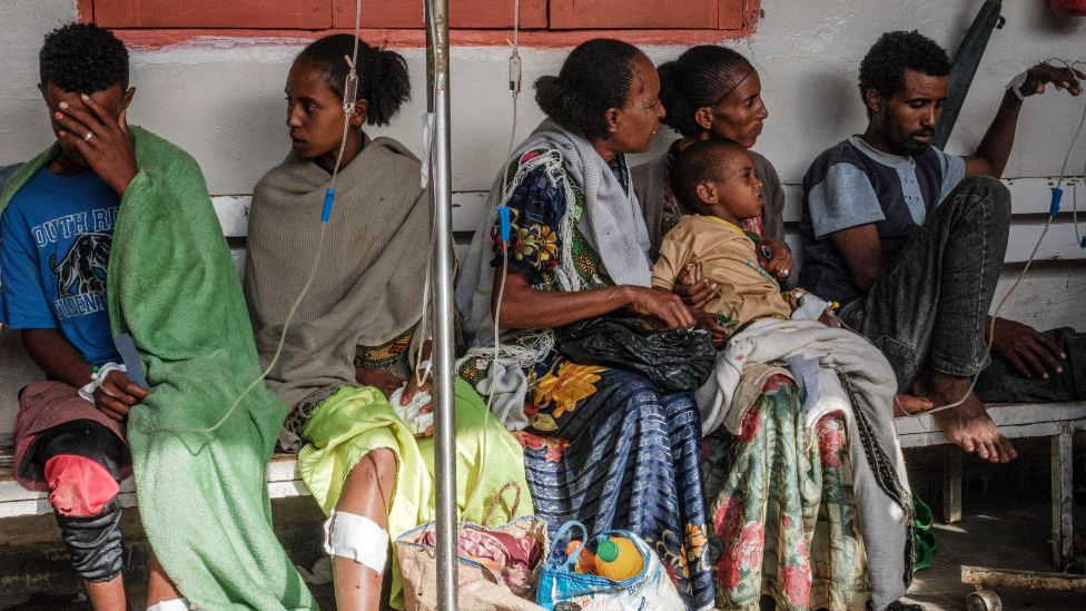 People at a hospital in Mekelle, Ethiopia, following an airstrike outside the city in June 2021