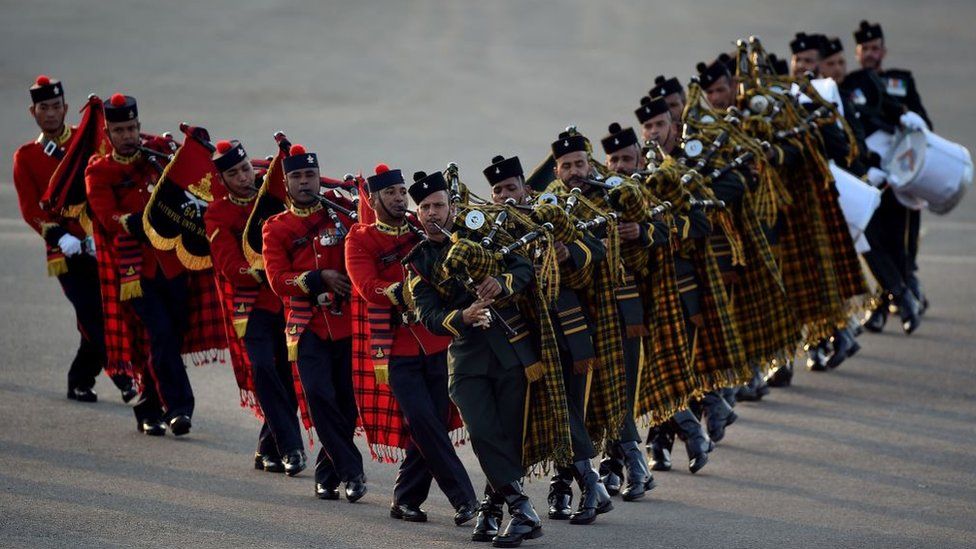 Marching bands from the Indian armed forces perform during the Beating Retreat ceremony in New Delhi on January 29, 2018