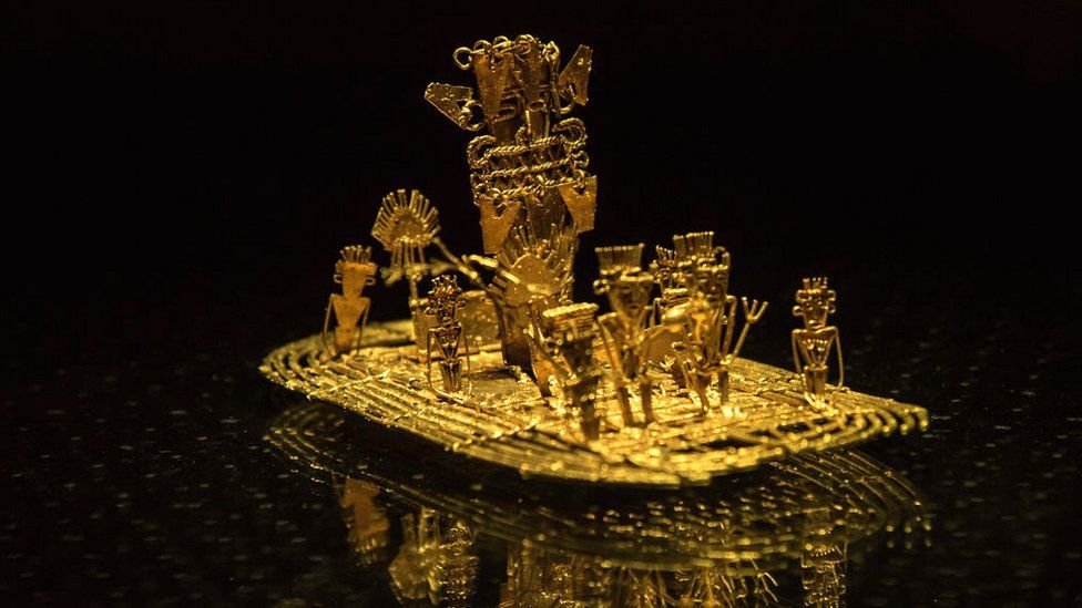 The pre-Columbian golden artwork known as the Muisca Raft in Bogota's Gold Museum, representing the Muisca culture's El Dorado ceremony.