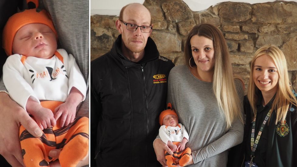 Baby Phillip Alan with parents Rhiannon Oldham and Gareth Williams and 999 call handler Chelsie Holbrook
