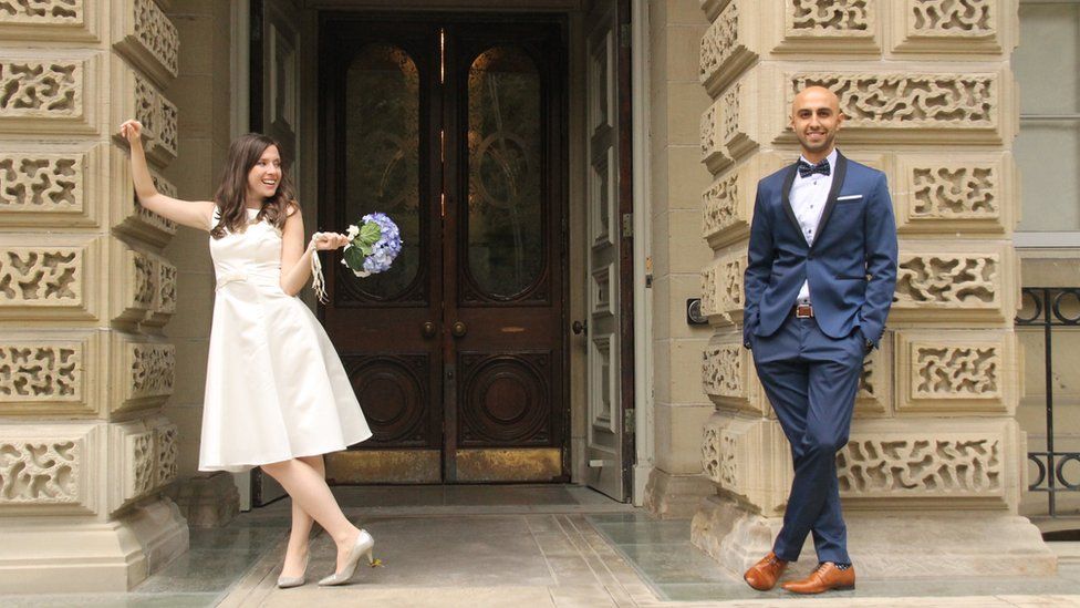 The couple, Samantha Jackson and Farzin Yousefian, had a small City Hall wedding instead