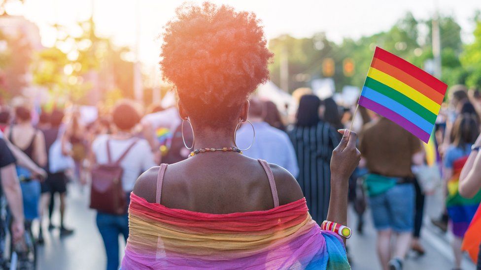 Girl holding pride flag at pride event.