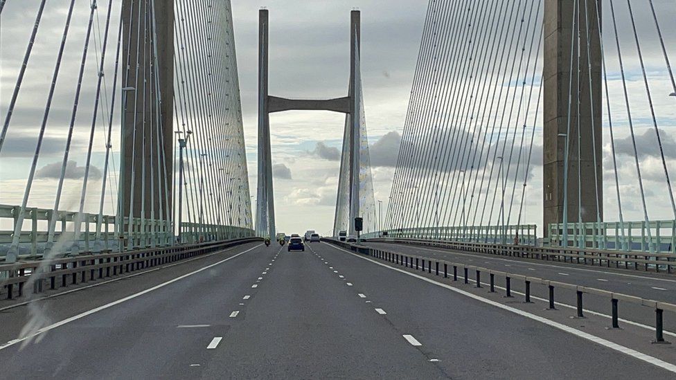 A near empty Prince of Wales Bridge, which runs between England and Wales, as seen from the cab of a vehicle taking part in a go-slow protest on the M4.