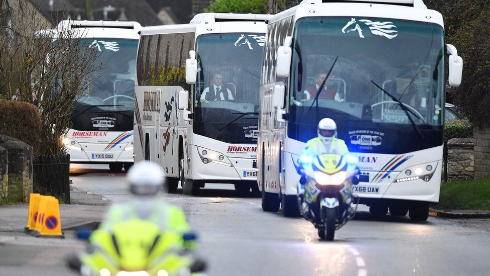 A convoy of coaches carrying British evacuees from Wuhan travel